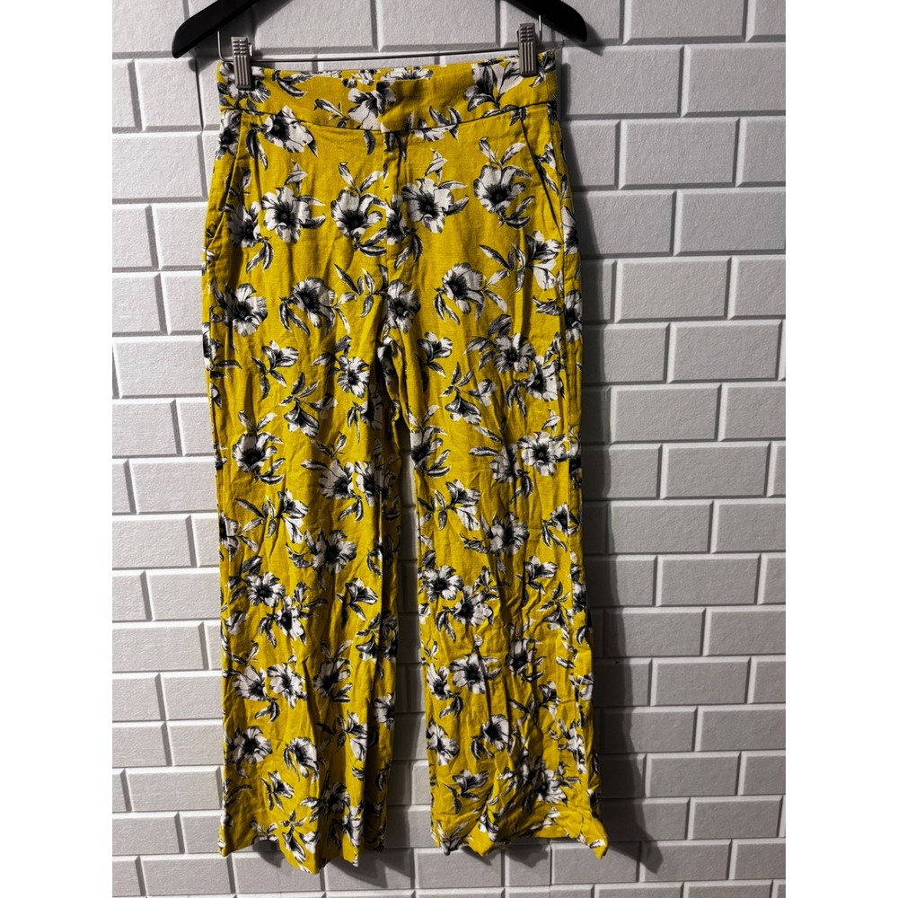 Banana Republic Womens Yellow Floral Linen Blend Wide Leg Trousers Size 4